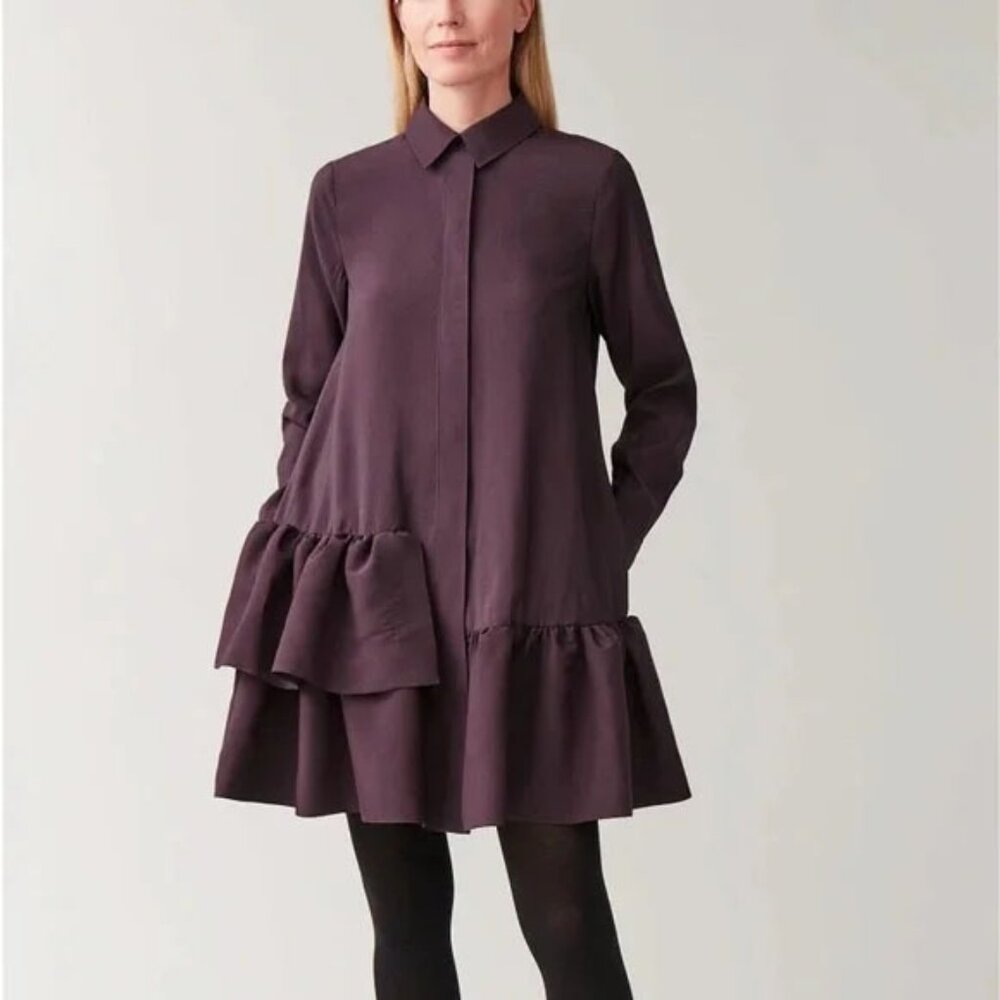 COS Button Tiered Ruffle Hem Collared Shirt Dress Plum Purple Women's Size 4